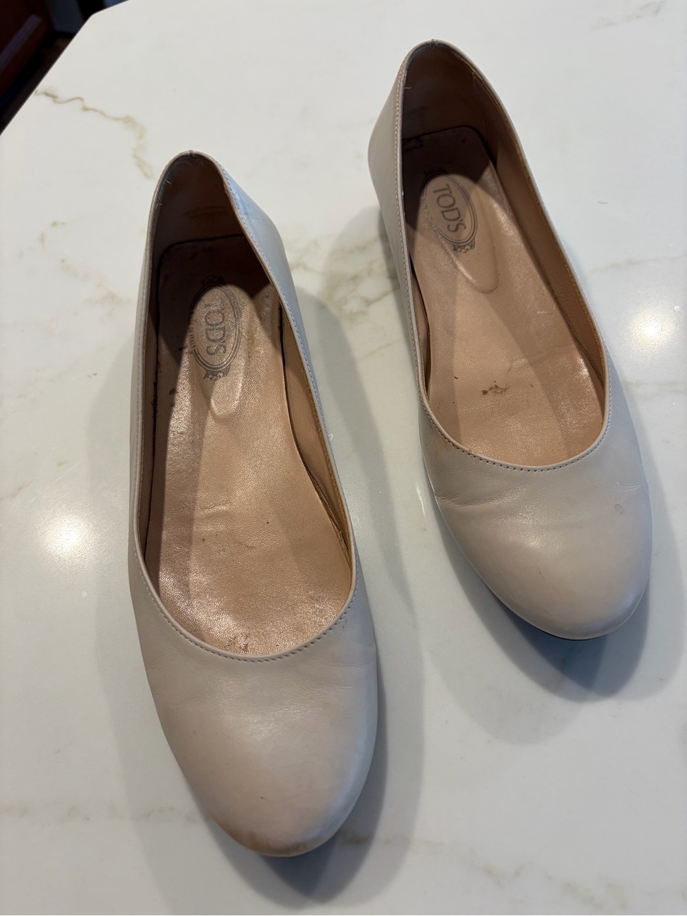 Tod's Studded Demi Wedge Ballerina Beige Leather Flats with Black Soles
